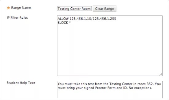 The Add Profile window, showing fields for Range Name, IP Filter Rules, and Student Help Text.