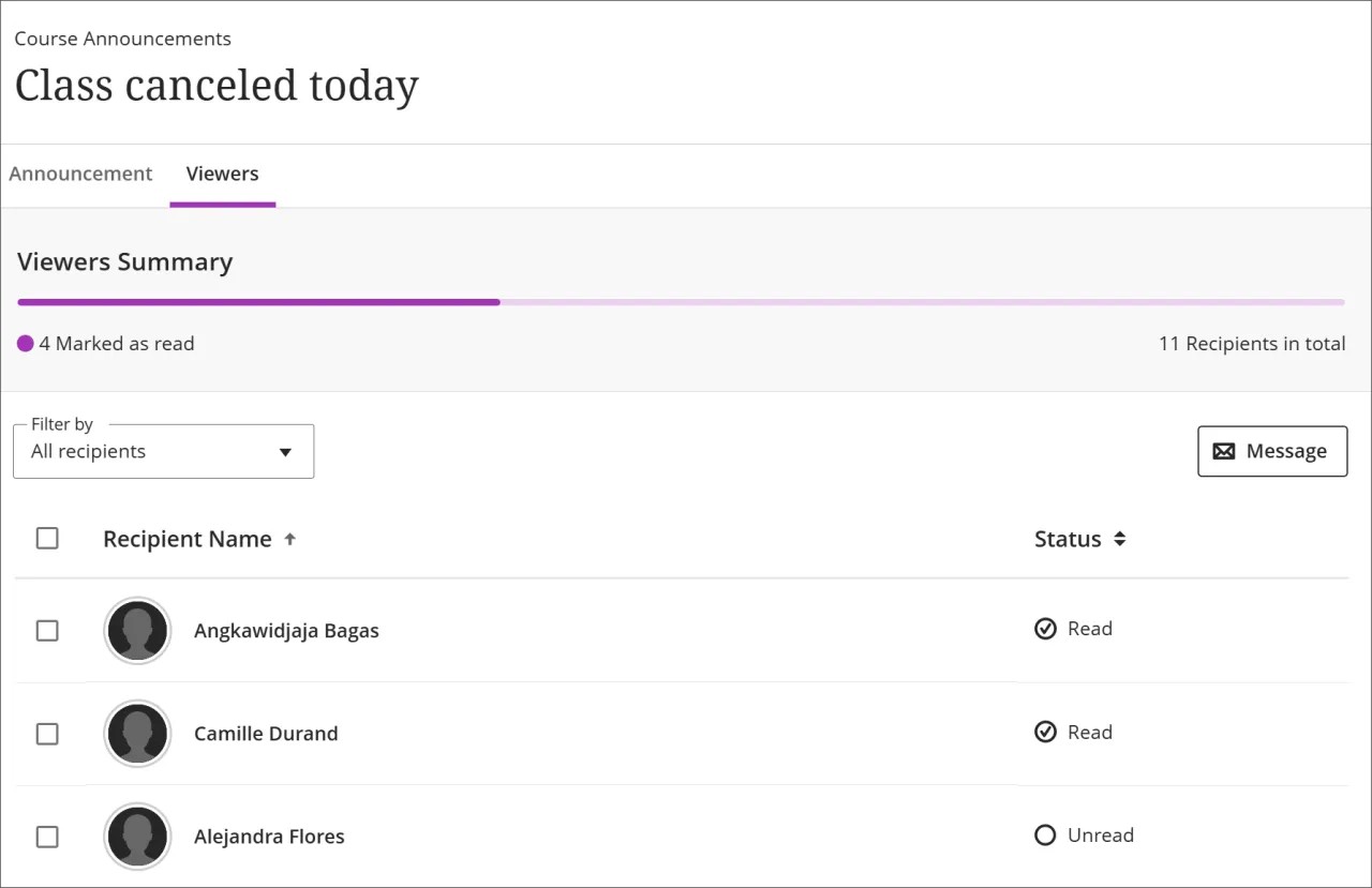 The Viewers page, showing two students with the read status and one unread.