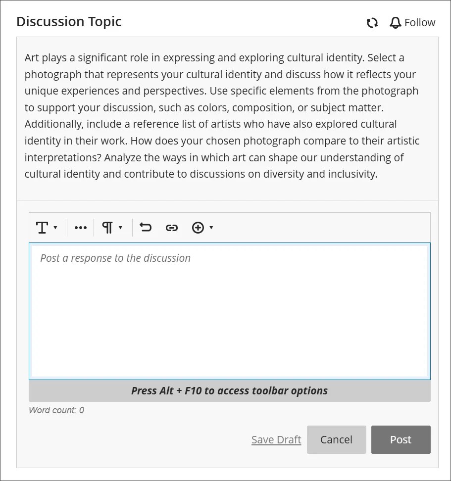 A discussion response, with preview text in the text field reading "Post a response to the discussion" and a Post button in the bottom right