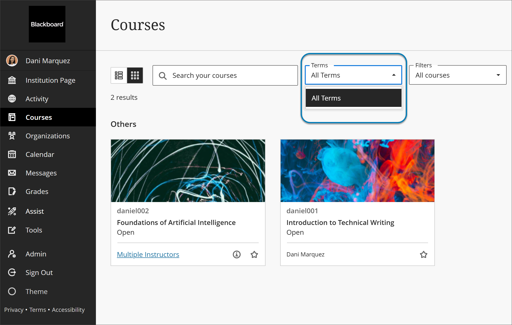 Base navigation page showing courses and dropdown menu for course terms