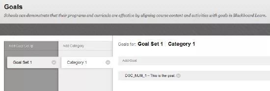 The Goals screen, showing Goal Set 1, Category 1, and DOC_NUM_1 - This is the goal.