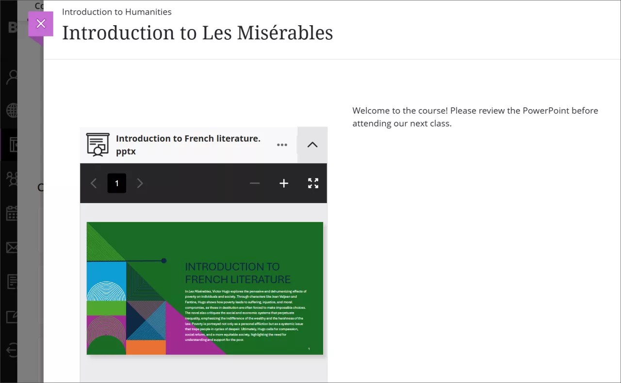 A student's view of a Document, with a PowerPoint slide displayed beside a greeting to the class