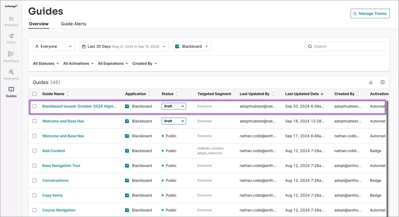 List of guides in selected subscription with copied guide highlighted.