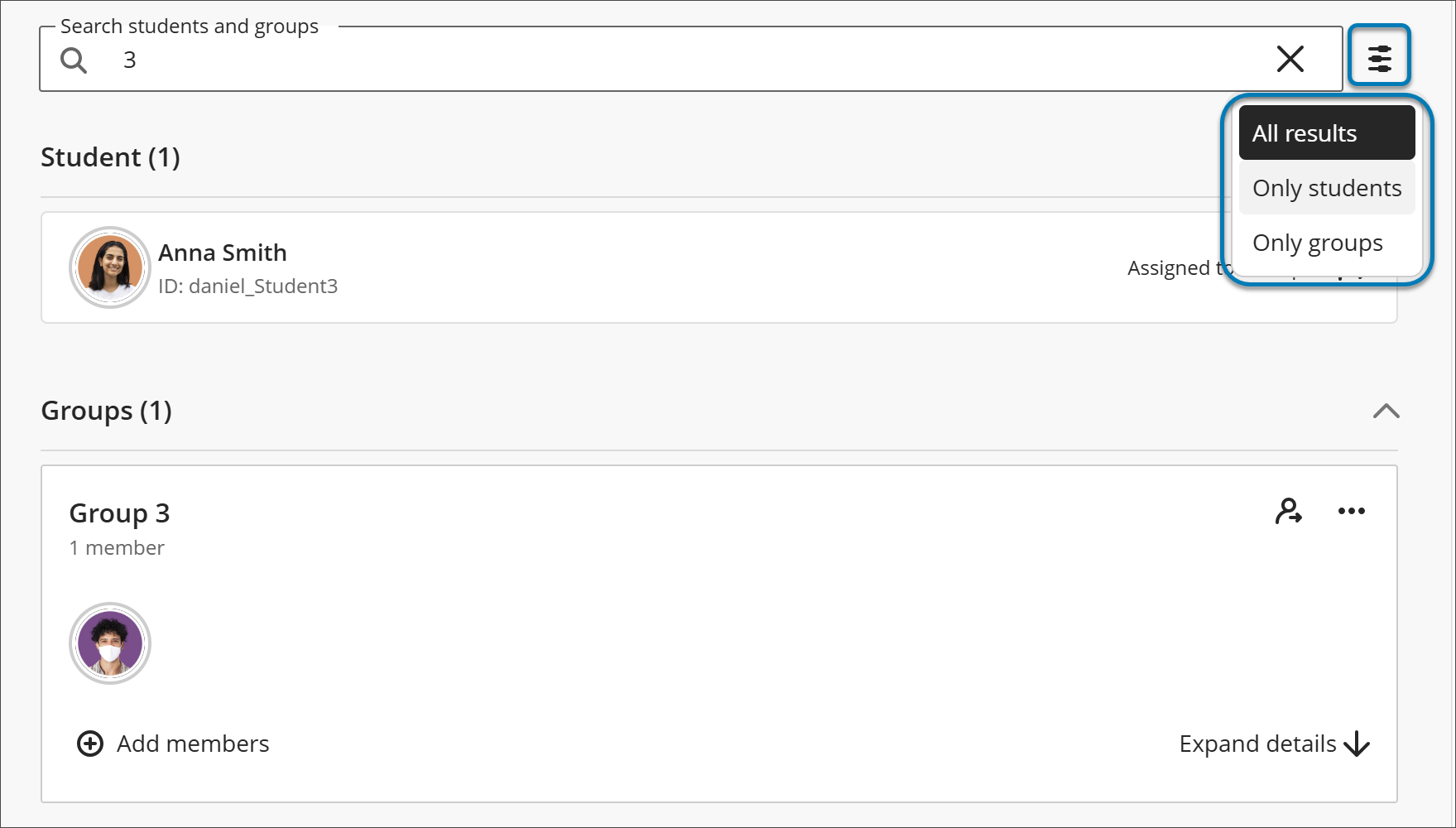 Detail of Groups set page with the search for students and groups search bar being used. The numeral "3" is entered into the search bar, which results in two results: one student (Nathalie Andersson) and one group (Group 3). Next to the bar is a filter which is selected, opening a dropdown menu with the following options: All results, Only students, Only Groups. All results is selected. There is a blue box surrounding the filters button as well as the filter dropdown menu to highlight these features.