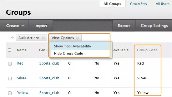 The Groups page, with the view options menu expanded to show the "Show Tool Availability" and "Hide Group Code" options highlighted in orange. The Group Code column has also been highlighted in orange.