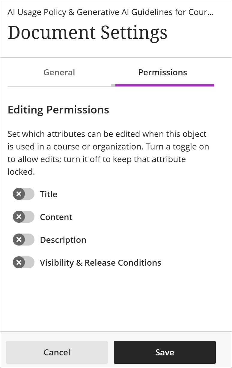 The Permissions tab in the Settings panel for a LOR object, showing toggles for Title, Content, Description, and Visibility & Release Conditions.