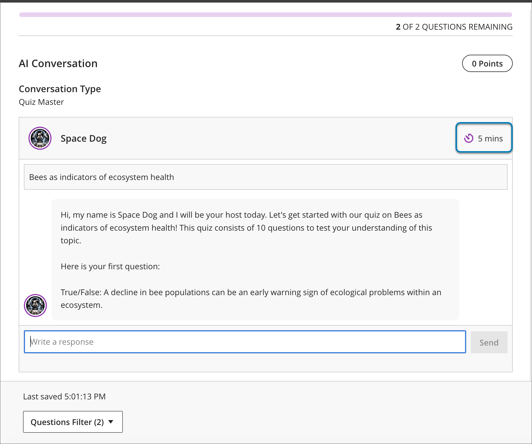 AI Conversation interface showing a visible countdown timer during student interaction. The time is a purple clock icon with a timer saying "5 mins" next to it in the corner above the conversation.