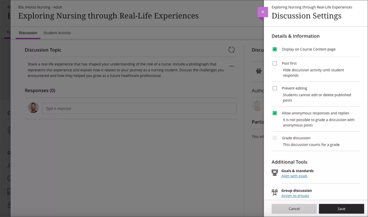 Discussions settings panel, with Allow anonymous responses and replies checked off