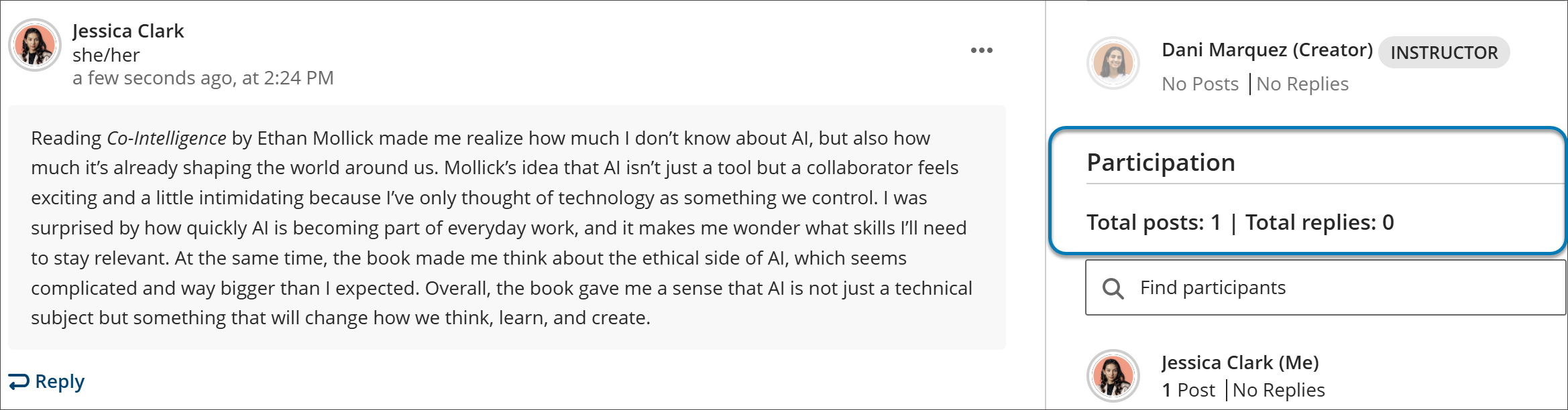 Student view of Discussions page showing the complete state when all the participation requirements have been met.