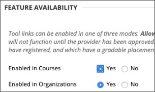 The feature availability section, showing the LTI enabled in courses and in organizations