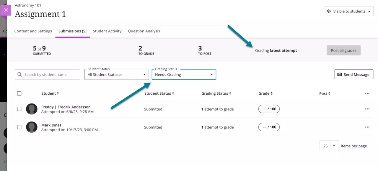 Submissions page filtered to include needs grading for latest attempt