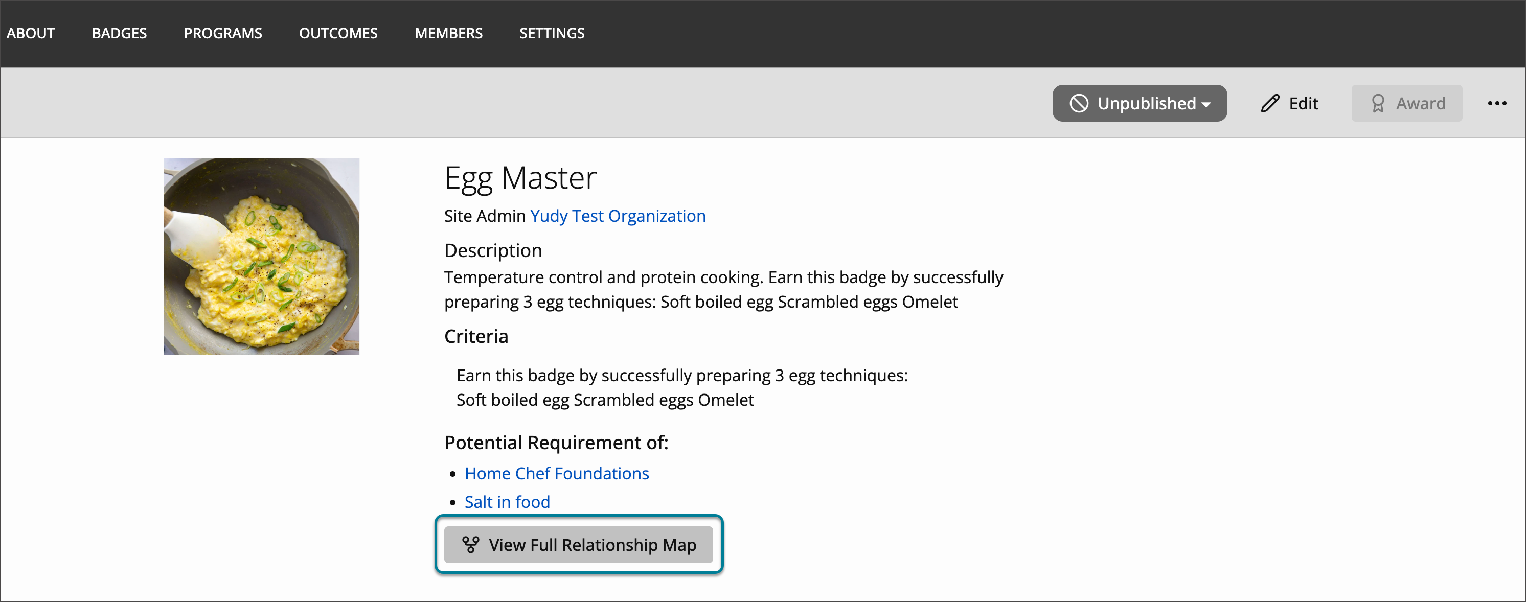 The badge details page for the Egg Master badge. It contains information about the badge, links to badges it is a potential requirement of, and a button that says "View Full Relationship Map."