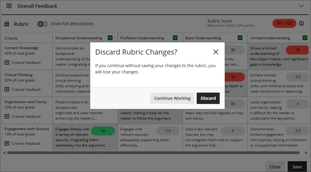 Attempting to close out of pop-out rubric without saving changes prompts a warning