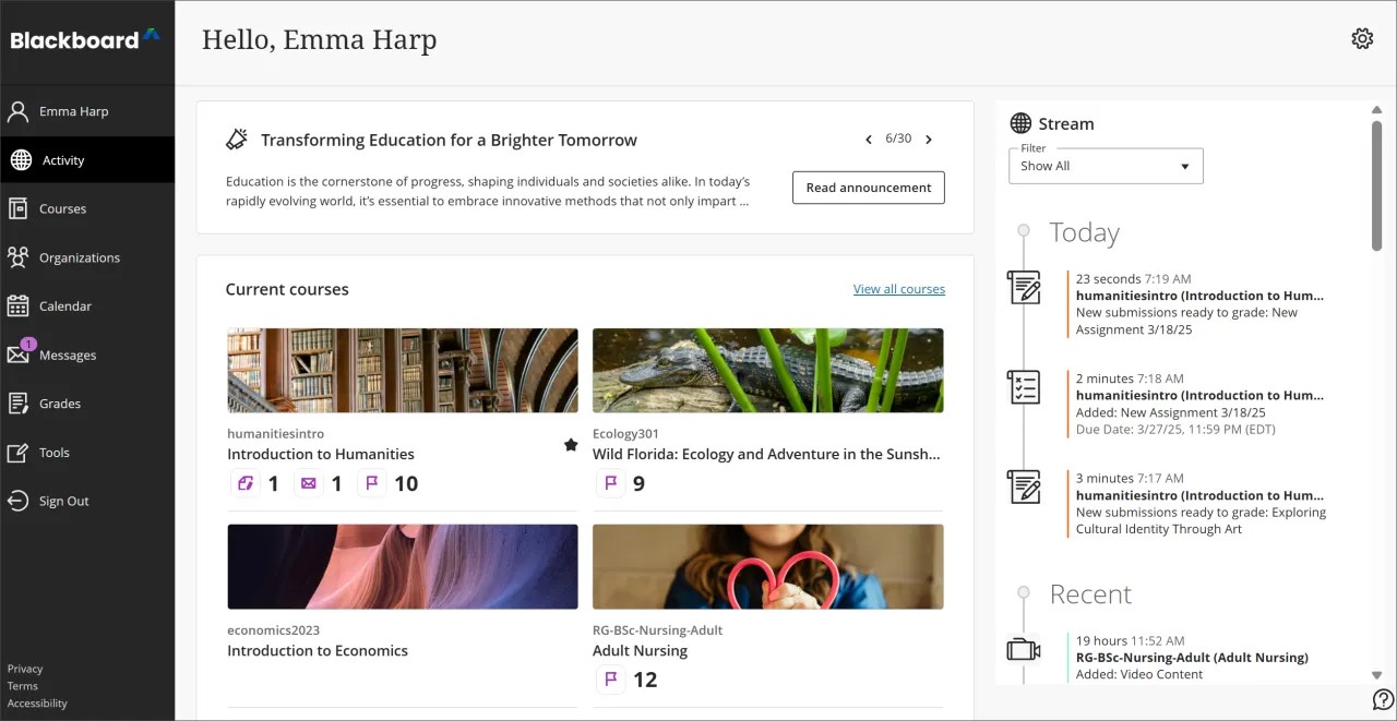 The new Activity Page, with sections for institutional announcements, current courses, and the activity stream