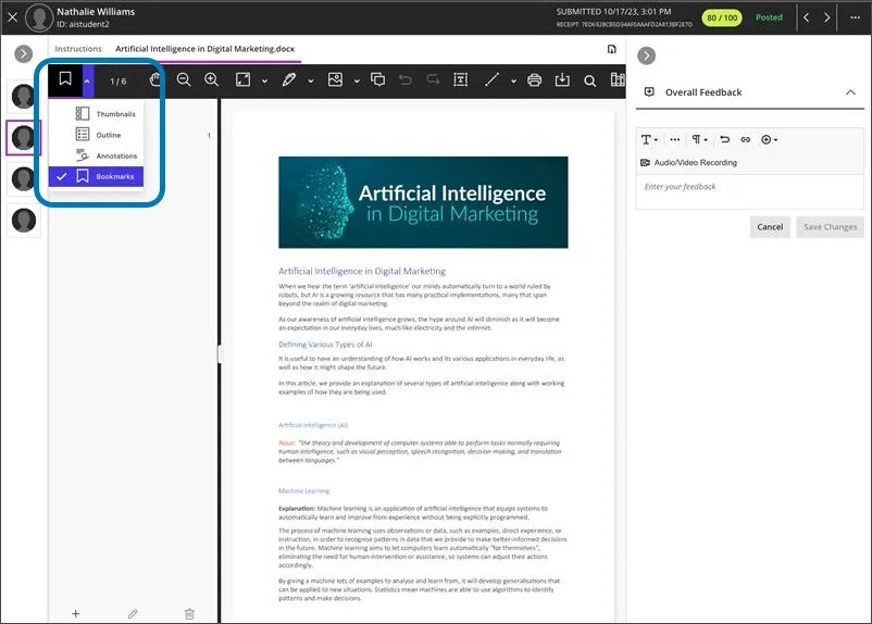 Bookmarks appear on the left side of a document being graded in Bb Annotate