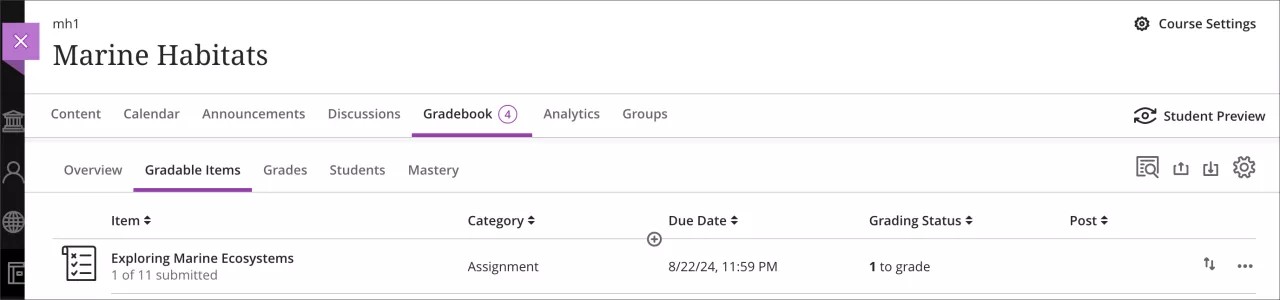 Instructor view of the updated Gradable Items page. The status the assignment displays 1 to grade