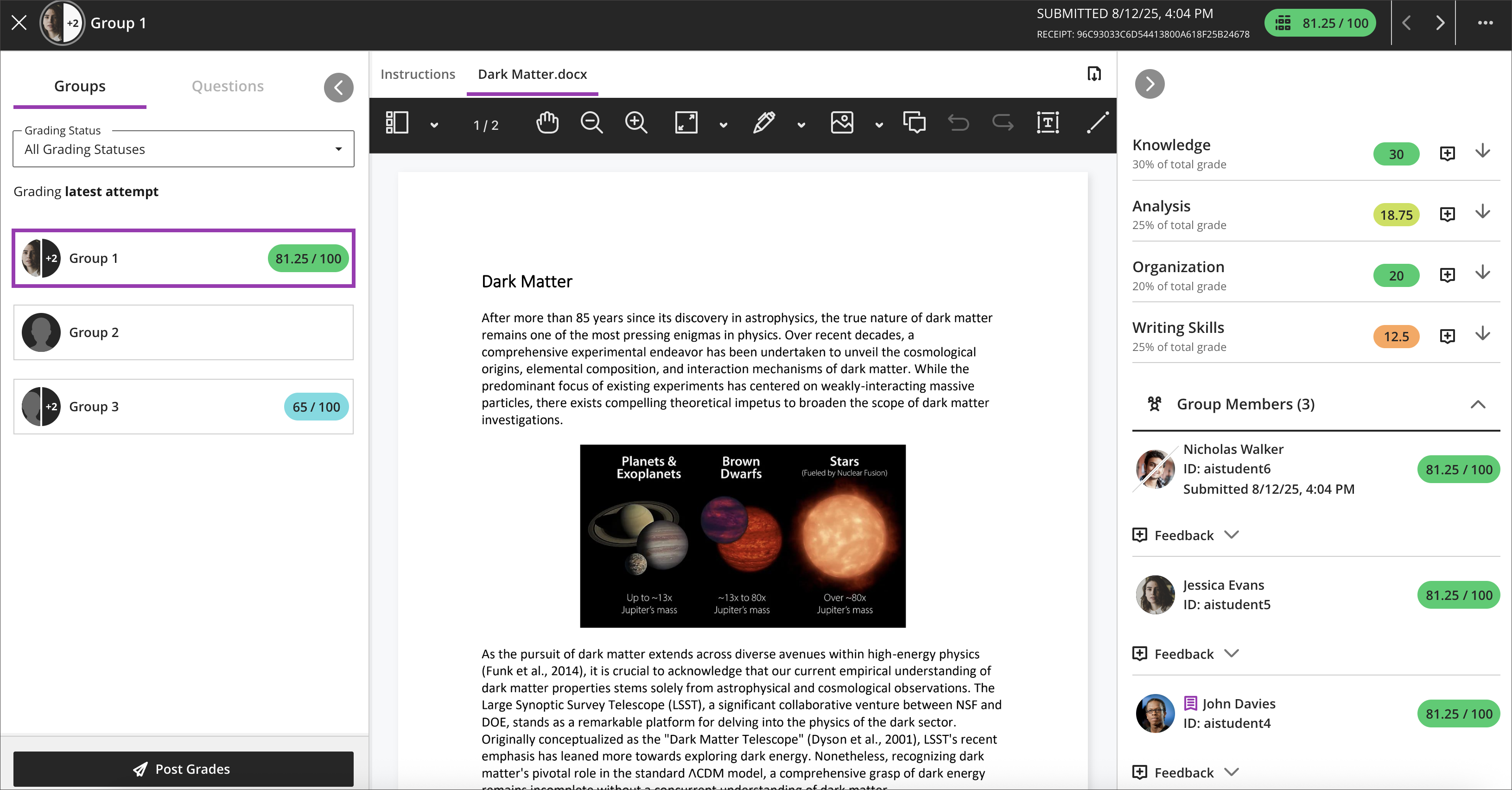 The Flexible Grading interface shows the current group members for each attempt.
