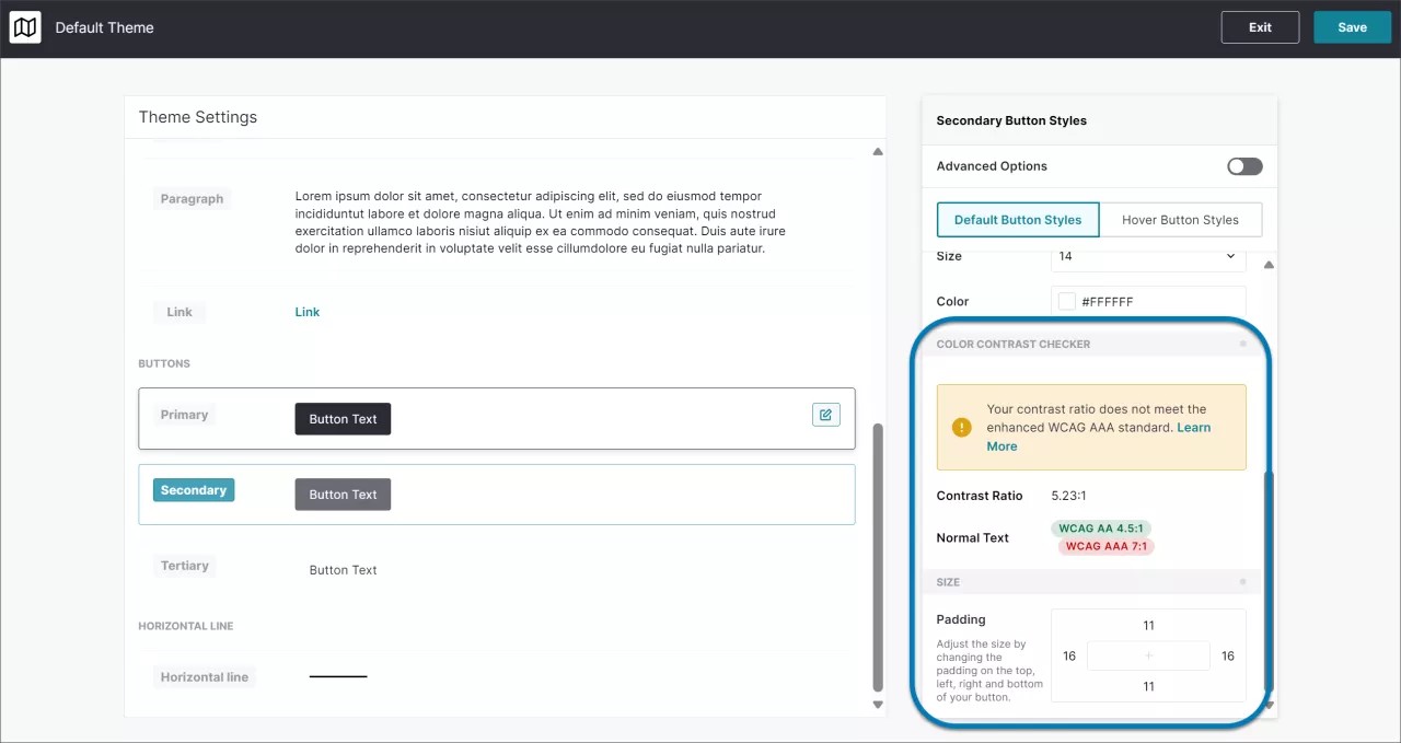 Página de configuración de Anthology Adopt Themes con el verificador de contraste de color que indica que el contraste de color no cumple las normas WCAG AAA. El área Comprobador de contraste de color está resaltada.