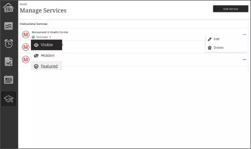 Panel "Gestionar servicios" en Blackboard Assist
