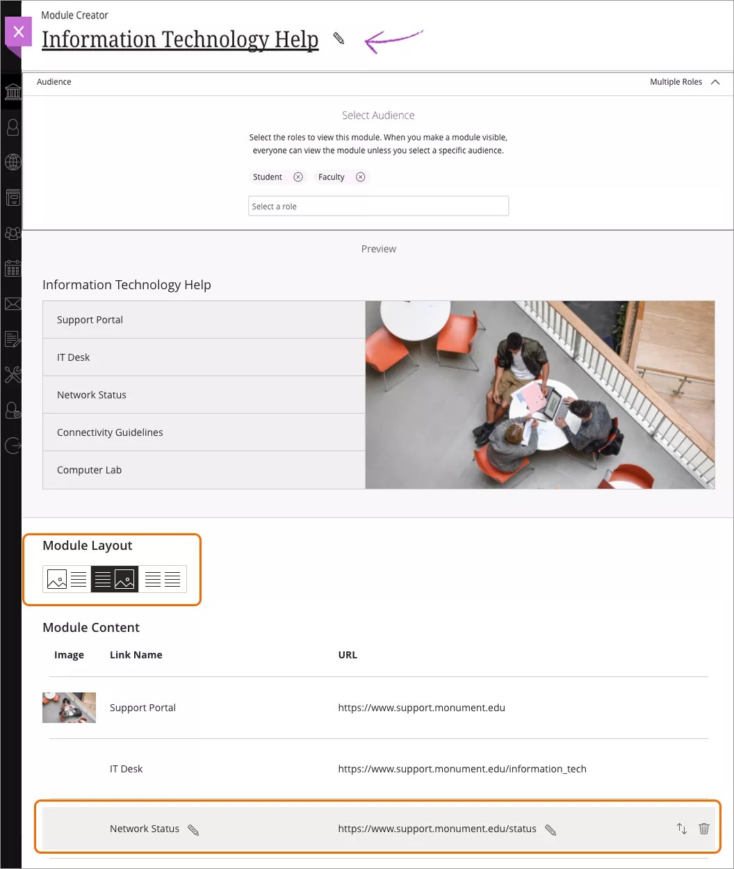 Se está creando un nuevo módulo en la página de la institución. Una flecha apunta al botón de editar junto al título del módulo, mostrando que puede editar el título con esa opción. Las opciones de Diseño del Módulo están resaltadas en el tercio inferior de la página.