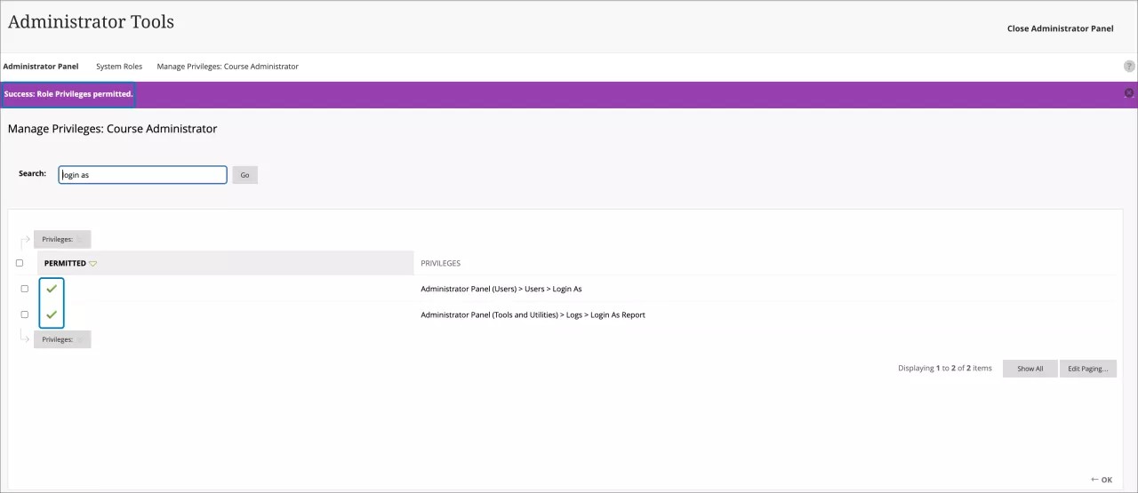 Privilegios permitidos para el rol seleccionado