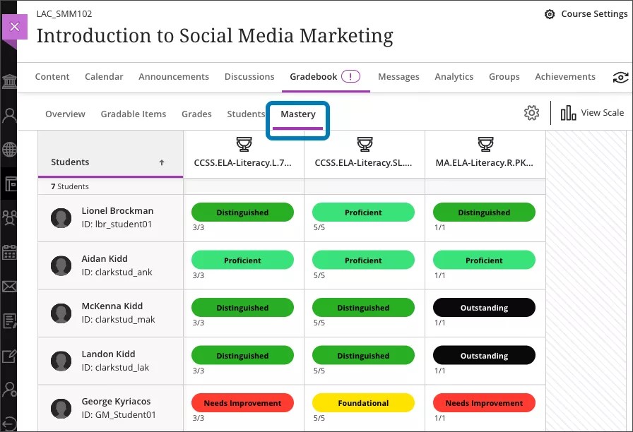 Vista del profesor de la pestaña Maestría