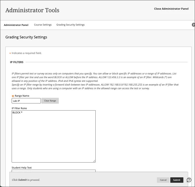 Clasificación de la configuración de seguridad con filtros IP en el Panel del administrador