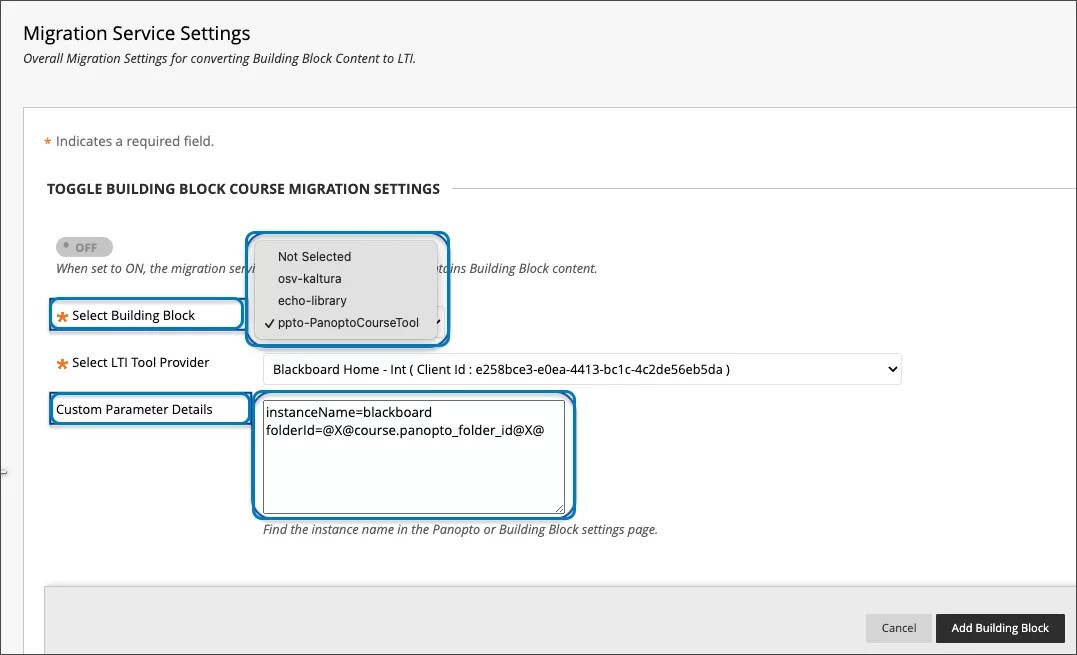Configuración de migración para Panopto, Echo 360 y Kaltura, incluidos los parámetros personalizados de Panopto.