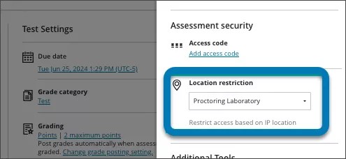 Pantalla de seguridad de evaluación con la opción de restricción de ubicación resaltada
