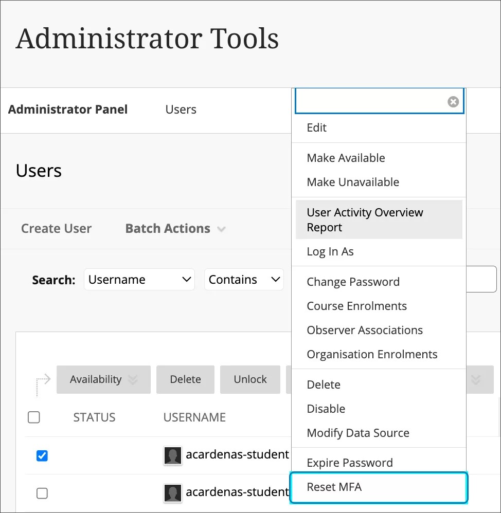 Restablecer MFA para un usuario específico