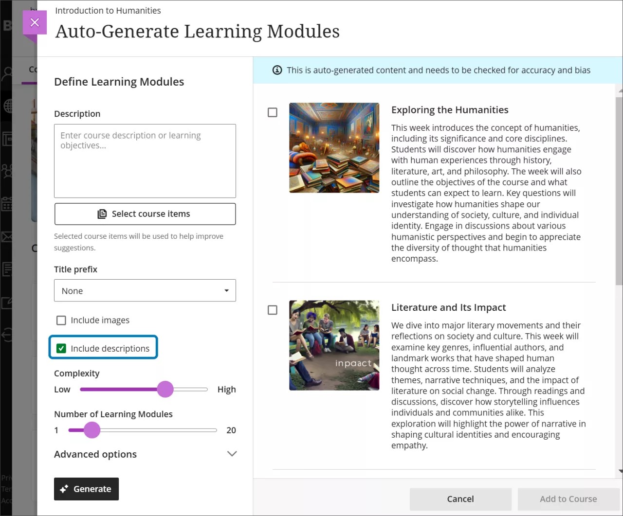 La página Generar módulos automáticamente, con la casilla de verificación para Incluir descripciones seleccionada