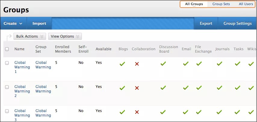 La página Grupos, que muestra los botones Crear, Importar, Exportar y Configuración de grupo y una lista de grupos. Hay enlaces en la parte superior de la página para Todos los grupos, Conjuntos de grupos y Todos los usuarios.