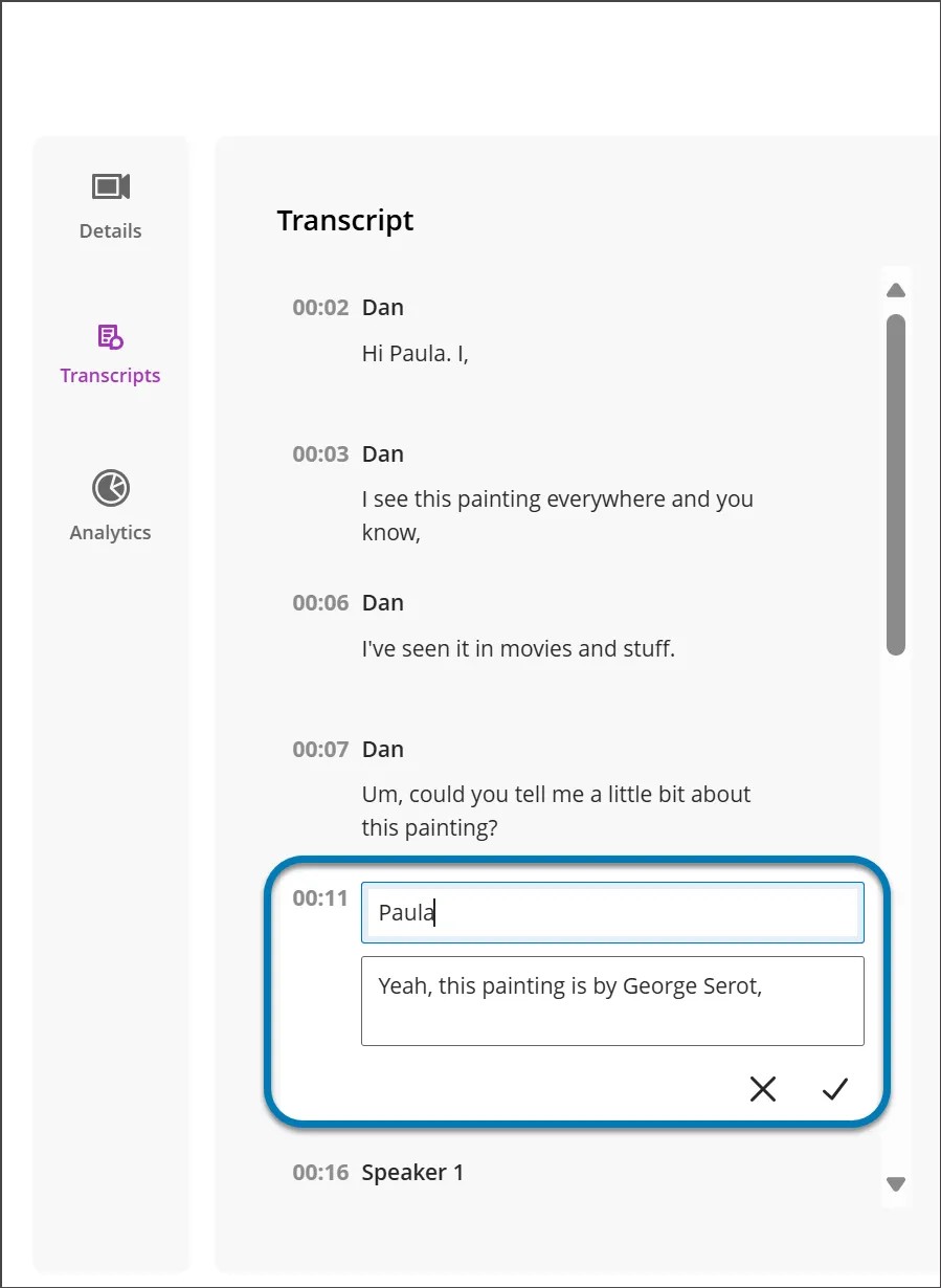 Video Studio reproduce una conferencia sobre una pintura impresionista donde la transcripción identifica a dos oradores: "Orador 0" y "Orador 1".