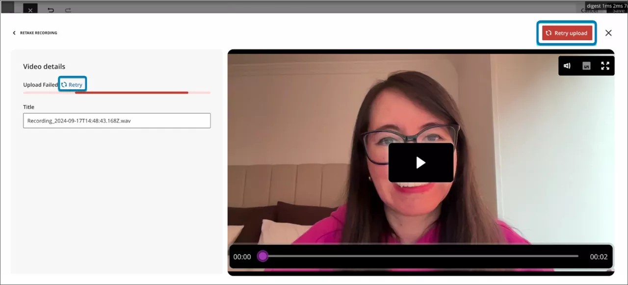 Mujer hablando en la grabación de Video Studio. Opciones de carga con error de reintento resaltadas.