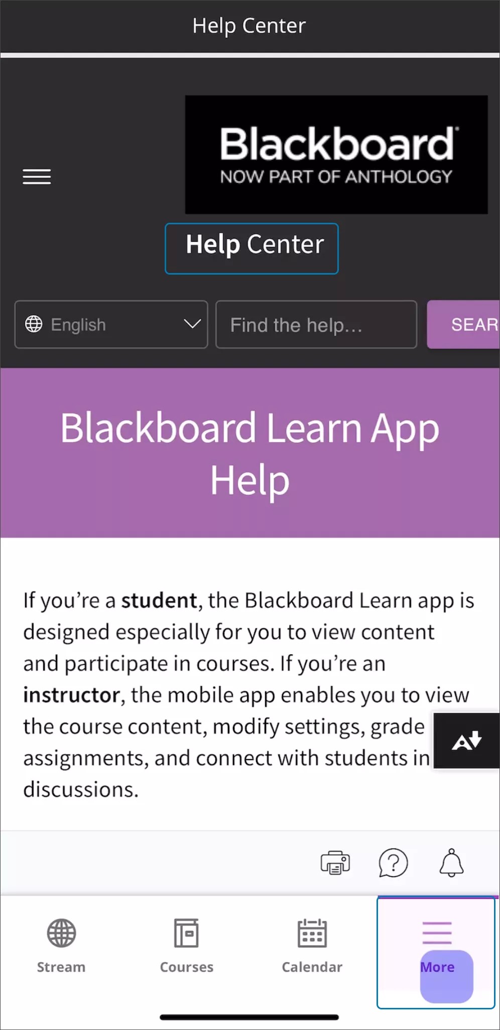Centre d'aide pour l'aide de l'application Blackboard Learn
