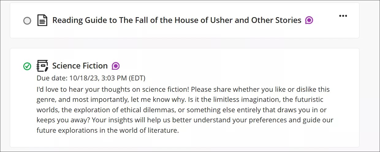 Deux éléments de contenu de cours, un document et un journal, comportent un indicateur d'activité violet à côté du titre