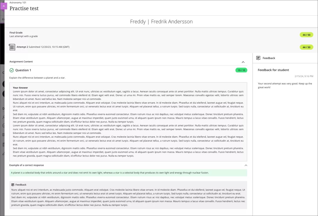 Vue de l'étudiant sur la rétroaction ajoutée à une question de type Dissertation