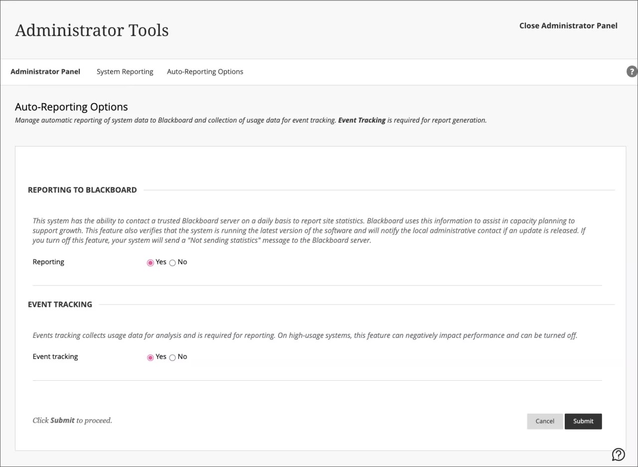 page Outils d'administration, indiquant que le bouton radio Suivi des événements est sélectionné