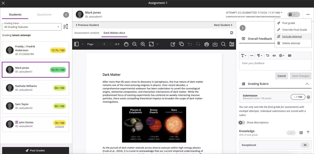 Affichage par le professeur de l'option de menu Exclure les tentatives 