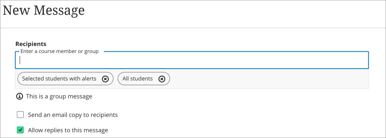 Le champ Destinataires d'un message du rapport d’activité du cours, avec des pilules pour les étudiants sélectionnés avec des alertes et pour tous les étudiants