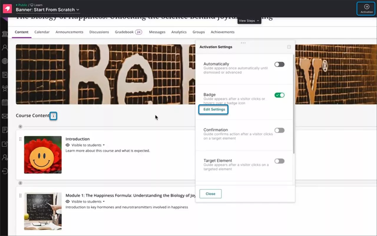 Le studio de design visuel ouvre ses portes dans Anthology Adopt. Le menu déroulant Activation est ouvert et l'option Modifier le badge est surlignée par un cadre bleu.
