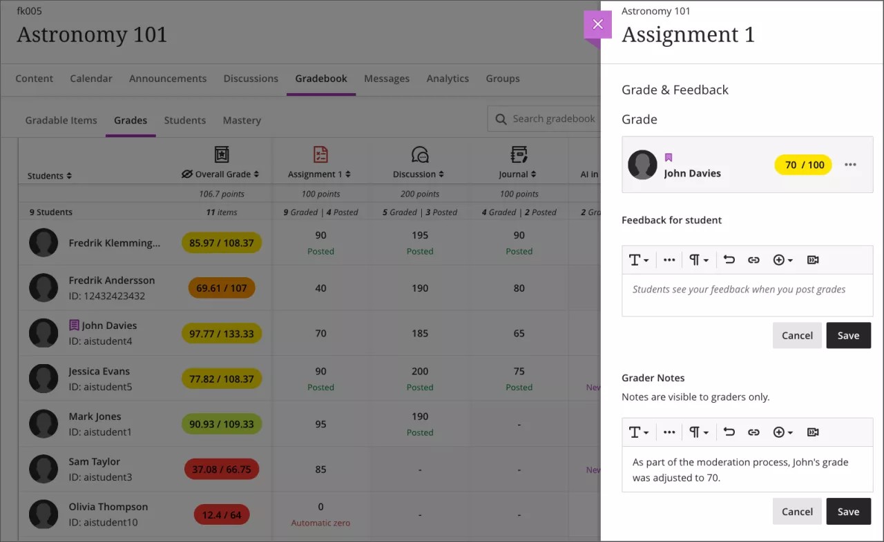 Vue du professeur de l'option de menu rétroaction & Notes accessible depuis la grille du relevé de notes et la page soumissions pour les évaluations
