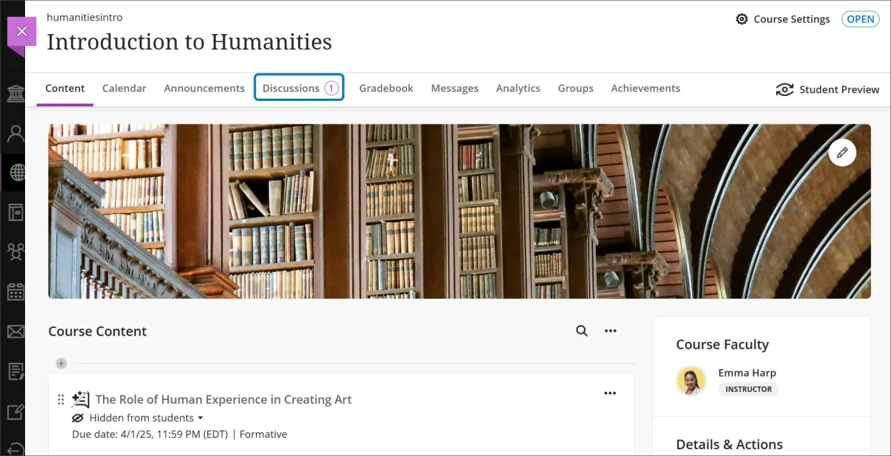 La page du contenu du cours, avec un rectangle bleu surlignant la page des discussions, surlignée d'un « 1 » violet