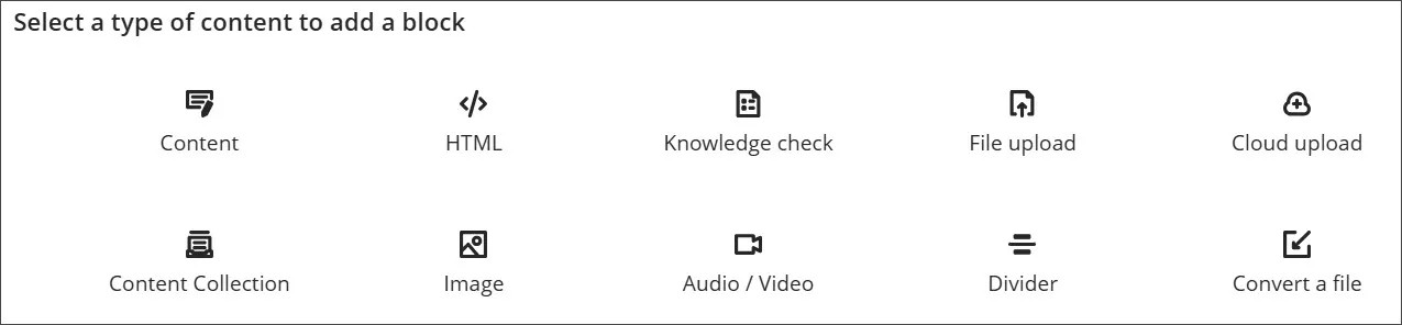 Options de bloc pour un document, notamment le contenu, le code HTML, le séparateur, la vérification des connaissances, le téléversement de fichiers, le téléversement dans le nuage, la collecte de contenus, l'image, l'audio/vidéo et la conversion d'un fichier