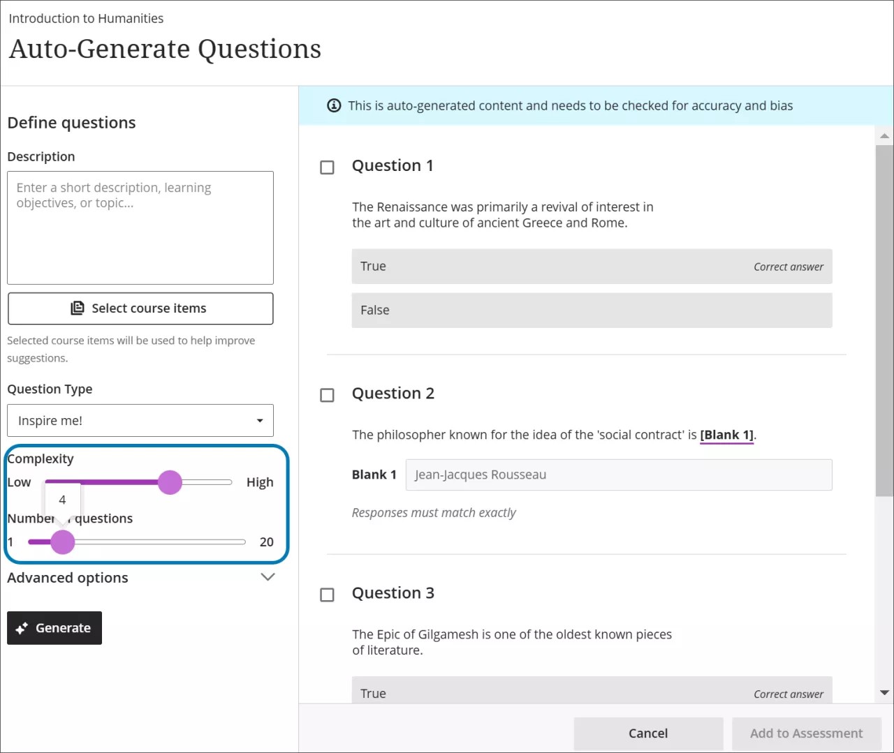 La page de génération automatique de questions, avec les options Complexité et Nombre de questions surlignées sur la gauche