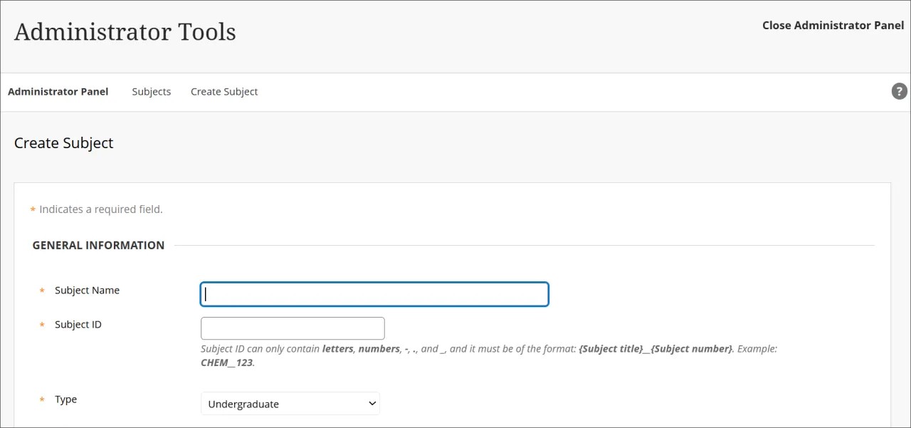 Dans le panneau de configuration de l'administrateur, l'utilisateur est dans Créer des sujets, qui fait partie des sujets. Les informations requises sont le nom et l'identifiant du sujet, ainsi que le type.