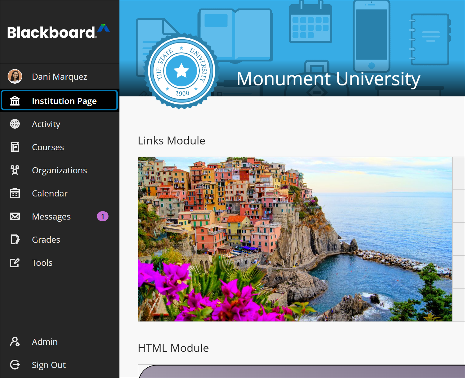 La page de l'établissement de Monument University avec le panneau de navigation visible sous forme de panneau latéral. L'option Page de l'établissement dans le panneau de navigation est surlignée en bleu.