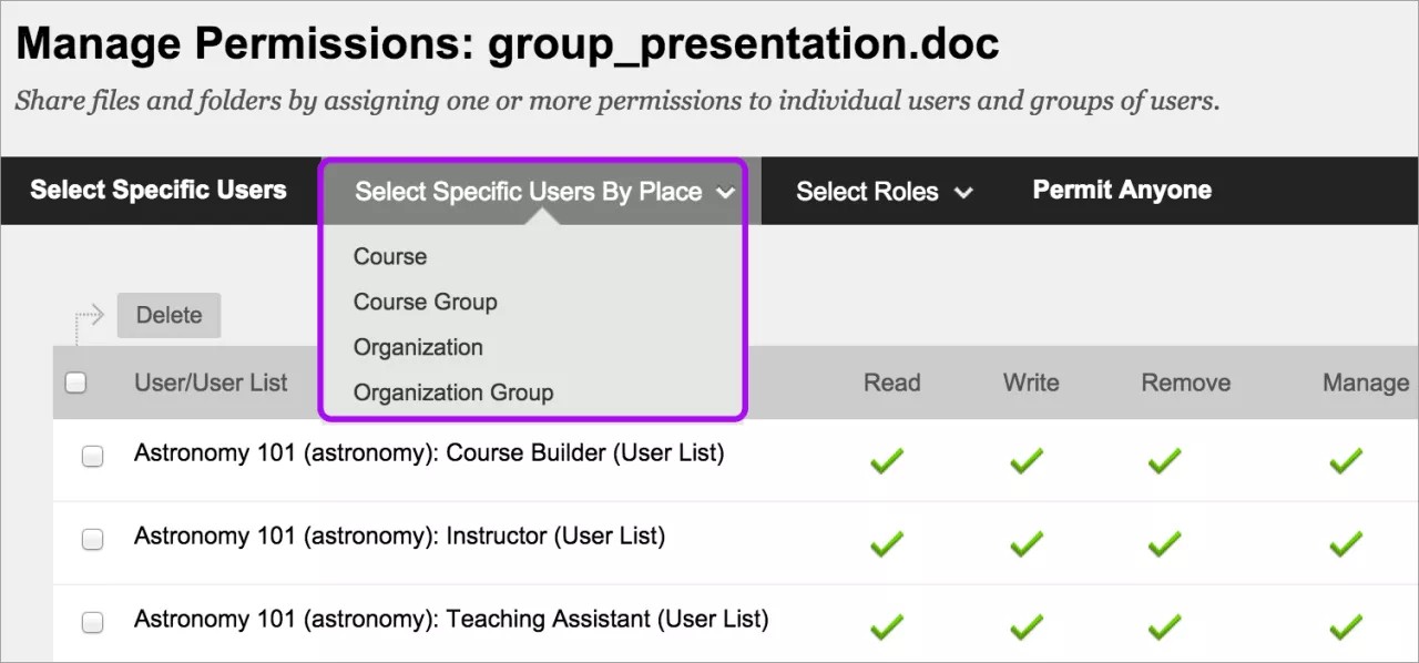 La page Gérer les autorisations : group_presentation.doc avec le menu Sélectionner des utilisateurs spécifiques par lieu a été étendue pour afficher le cours, le groupe de cours, l'association et le groupe d'associations.