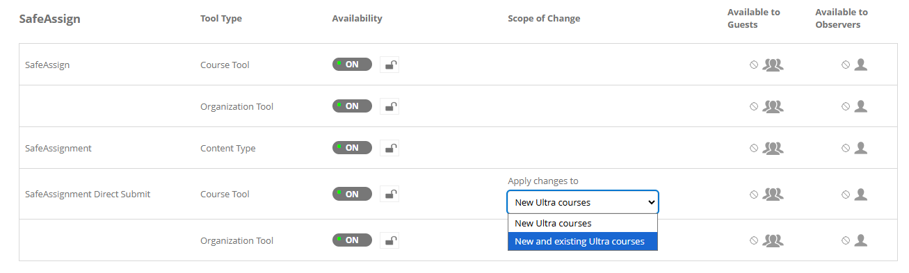 La section SafeAssign dans Outils et utilitaires comporte plusieurs options. Vous pouvez donc activer ou désactiver SafeAssign et DirectSubmit pour les cours ou les communautés nouveaux et/ou existants.