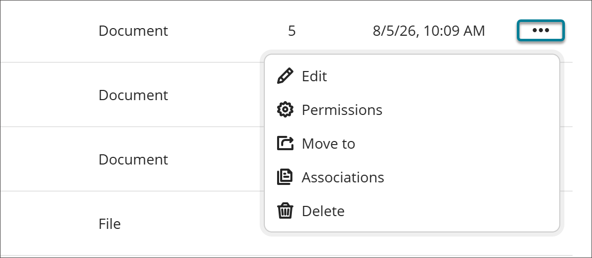 Le menu à trois points d'un objet dans la bibliothèque d'objets d'apprentissage, développé pour afficher les options Modifier, Déplacer vers, Associations et Supprimer.